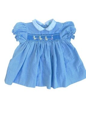 Vintage Baby Girl Blue Smocked Dress Embroidered Ducks 12 Mos Alison Scott 80s